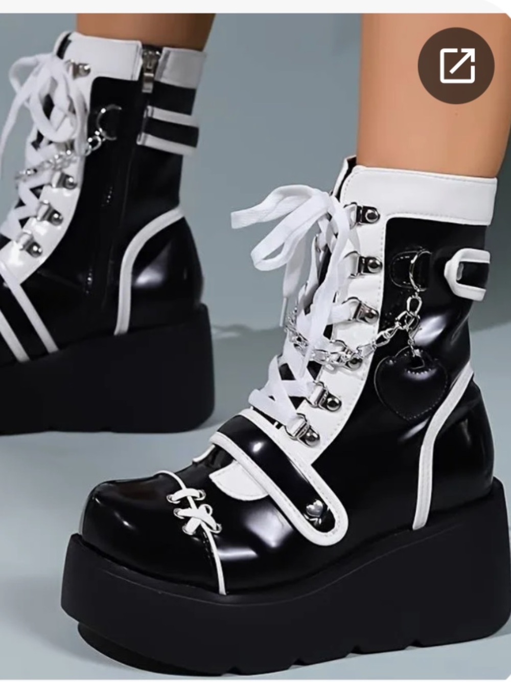 Women\'s Black Wedge High Heel Booties Goth Round Toe Combat Heart Chain Boots